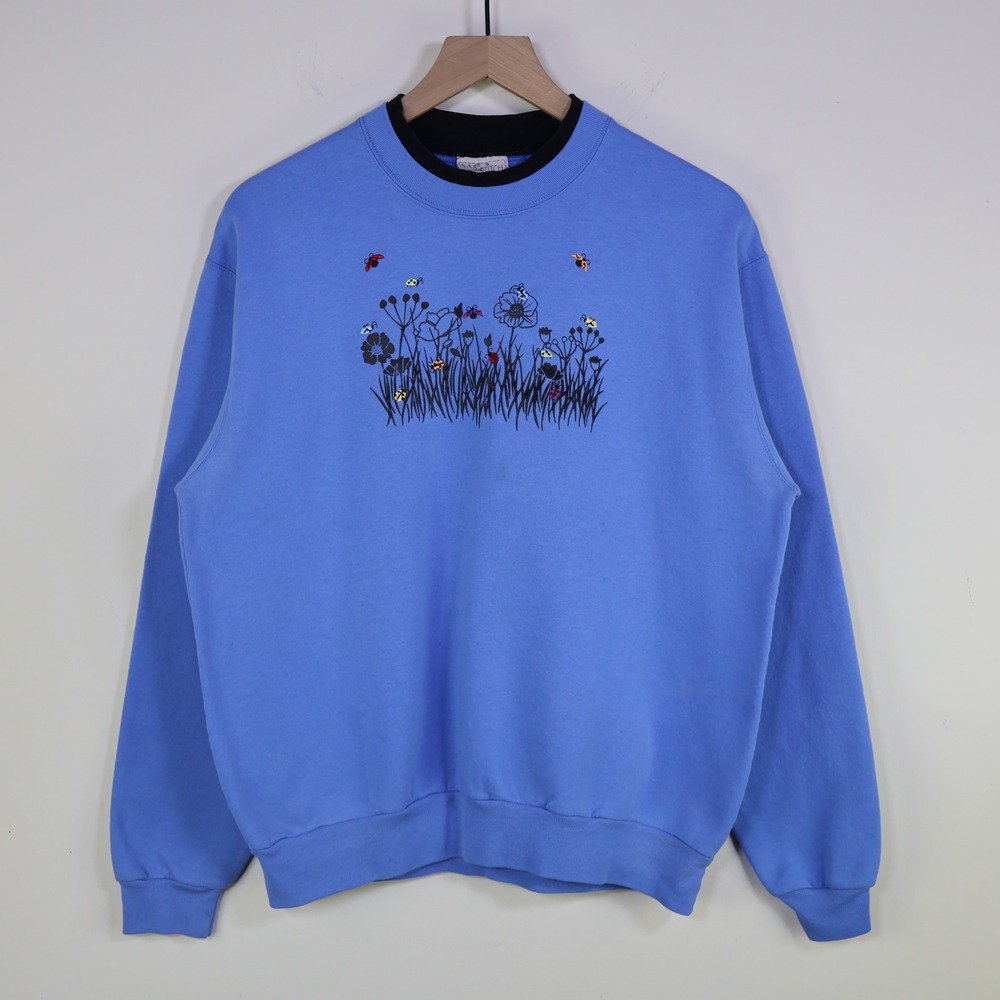 Vintage 90s Top Stitch Morning Sun Floral Ladybug Sweatshirt L Cottagecore Blue